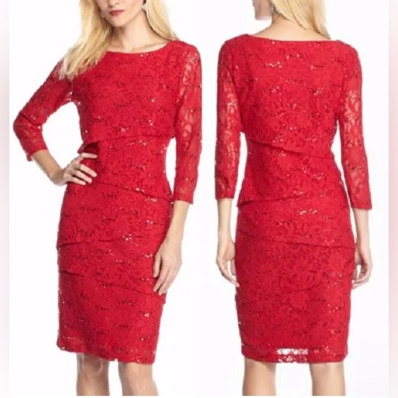 Ronni Nicole Dresses & Skirts - Ronni Nicole Red Tiered Stretch Lace
Sheath Cocktail Dress w/Sequin